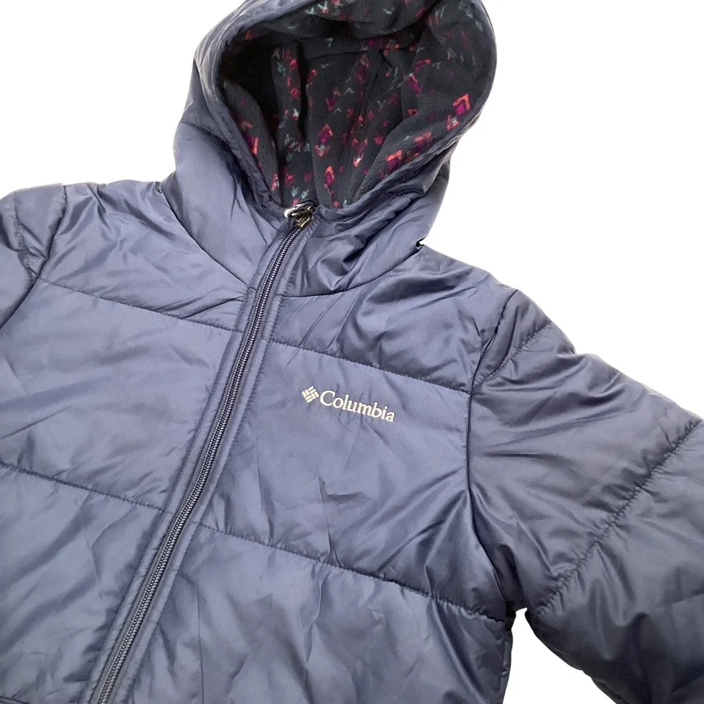 Columbia Girls‎ Reversible Hooded Jacket Navy Blue Fleece Print Size M 10/12